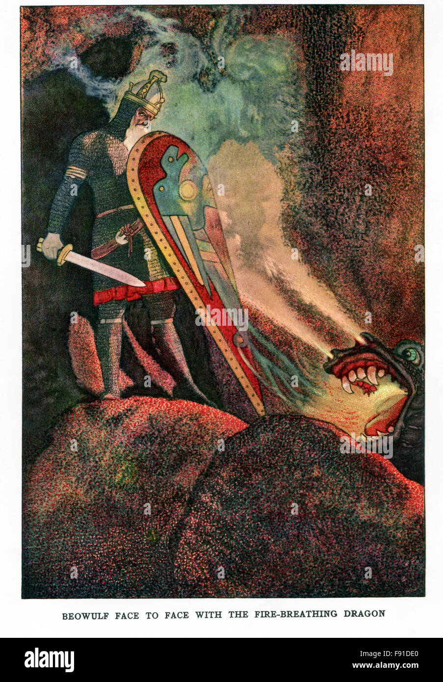 "Di Beowulf" è il titolo del più antico inglese epic, composto probabilmente inizio 8th-secolo di Anglian bard in prossimità di Northumbria. L'eroe del poema epico è la leggenda di Beowulf. Egli ha ricevuto la spada Naegling, ha detto di essere il migliore del mondo, dopo aver sconfitto il mostro Grendel e Grendel della madre. La spada non sopravvive la sua lotta con il drago (raffigurata in questo 1923 disegno) e scatta in due. Foto Stock