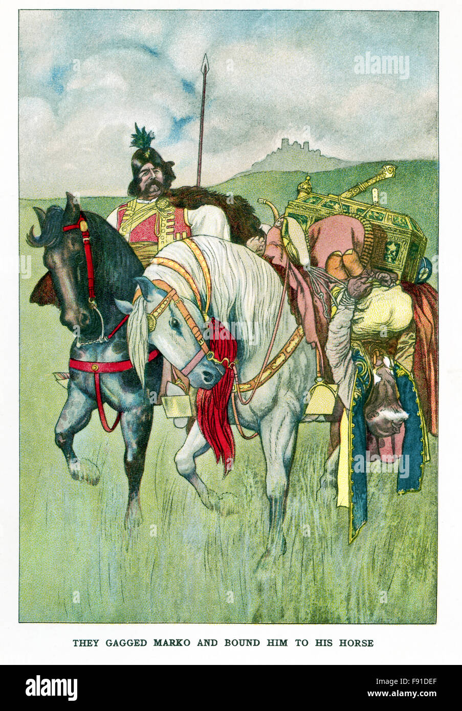 Nella storia, Marko era un re serbo che ha governato dal 1371 al 1395. Egli è il famoso eroe della Serbia poesia epica. Re Vukasin era il suo padre. Sua madre era Jevrosima. Marko è stato detto di indossare un lupo-pelle cappuccio, hanno un enorme baffi, e essere drapped in un mantello realizzato in un shaggy wolf PELT. La leggenda narra di il suo exploit per aiutare i più deboli e bisognosi. Marko è anche un eroe nel folklore bulgaro. La didascalia di questa illustrazione 1923 recita: essi imbavagliato Marko e lo legò al suo cavallo. Questa scena si riferisce al tempo che il Visir's uomini trovati Marko dormendo e lo legarono e lo condussero al visir che aveva di lui Foto Stock
