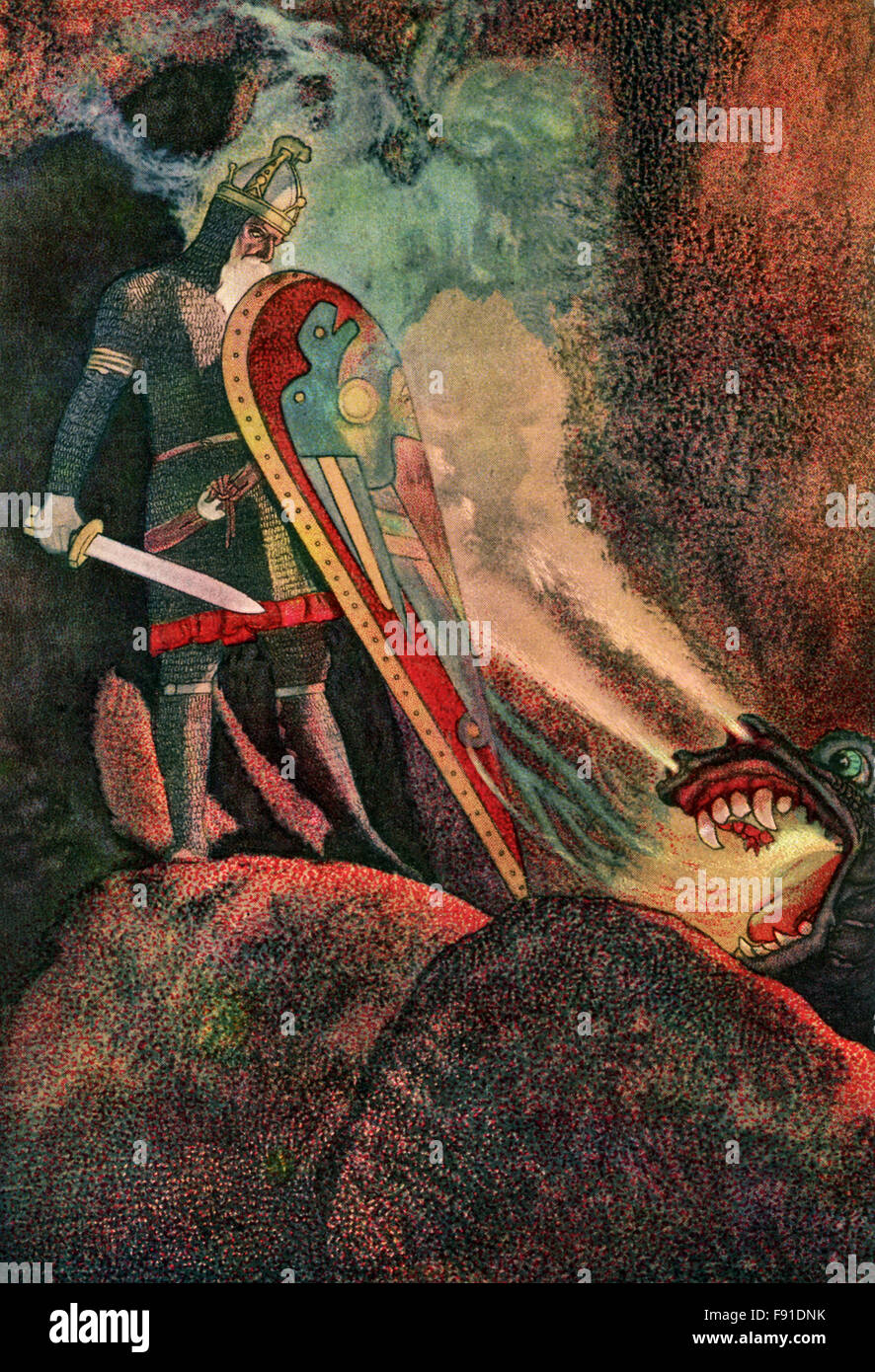 "Di Beowulf" è il titolo del più antico inglese epic, composto probabilmente inizio 8th-secolo di Anglian bard in prossimità di Northumbria. L'eroe del poema epico è la leggenda di Beowulf. Egli ha ricevuto la spada Naegling, ha detto di essere il migliore del mondo, dopo aver sconfitto il mostro Grendel e Grendel della madre. La spada non sopravvive la sua lotta con il drago (raffigurata in questo 1923 disegno) e scatta in due. Foto Stock