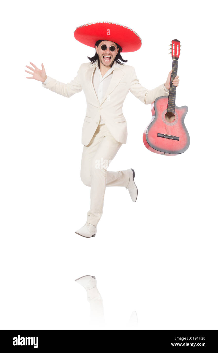 Mexican chitarrista isolato su bianco Foto Stock