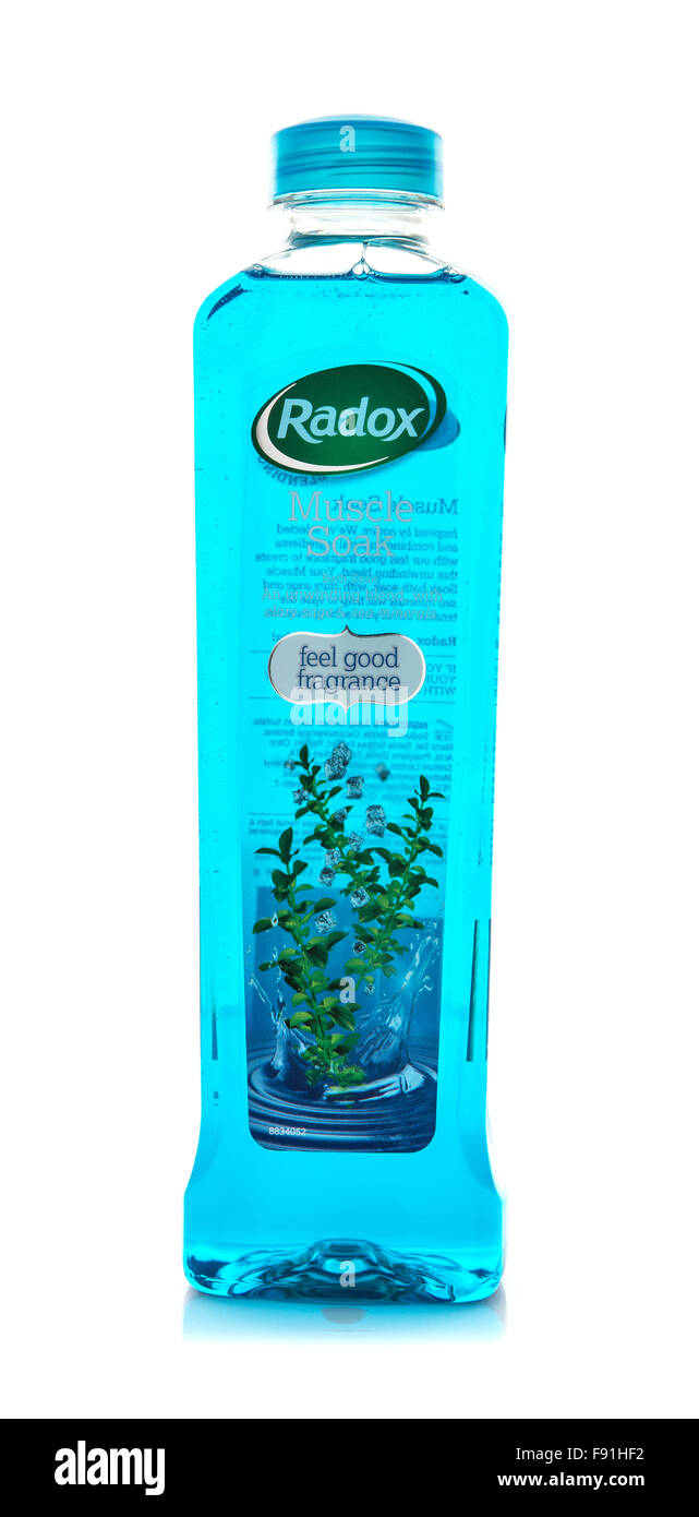 Muscolo Radox bagnare con Clary, salvia e mare minerali su sfondo bianco Foto Stock