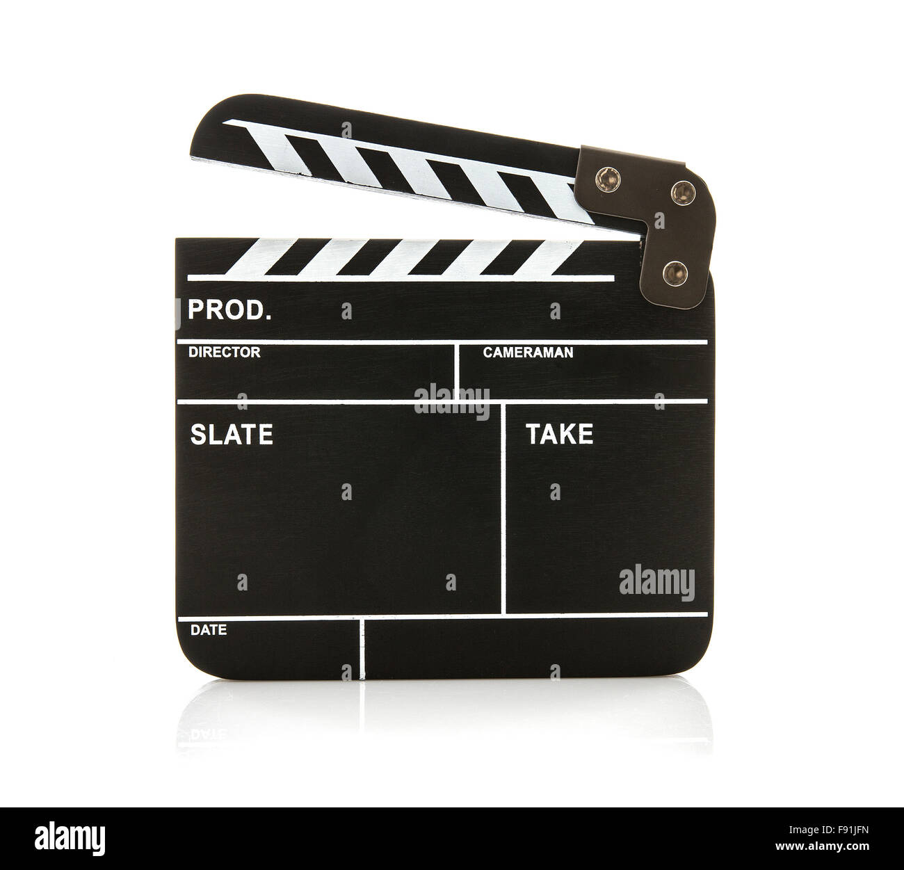 Aprire Clapperboard nero su sfondo bianco Foto Stock