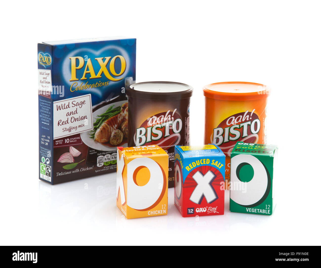 Bisto, osso e Paxo da Premier alimentari nel Regno Unito su sfondo bianco Foto Stock