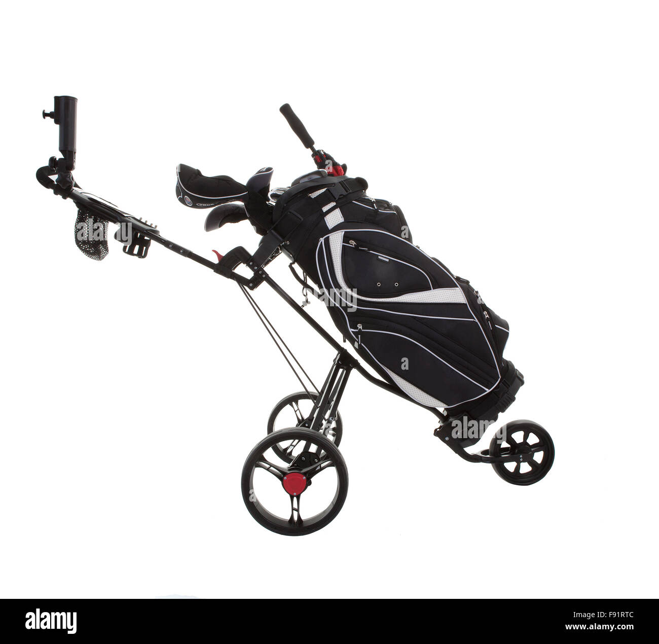Carrello da golf con sacca carrello su sfondo bianco Foto Stock