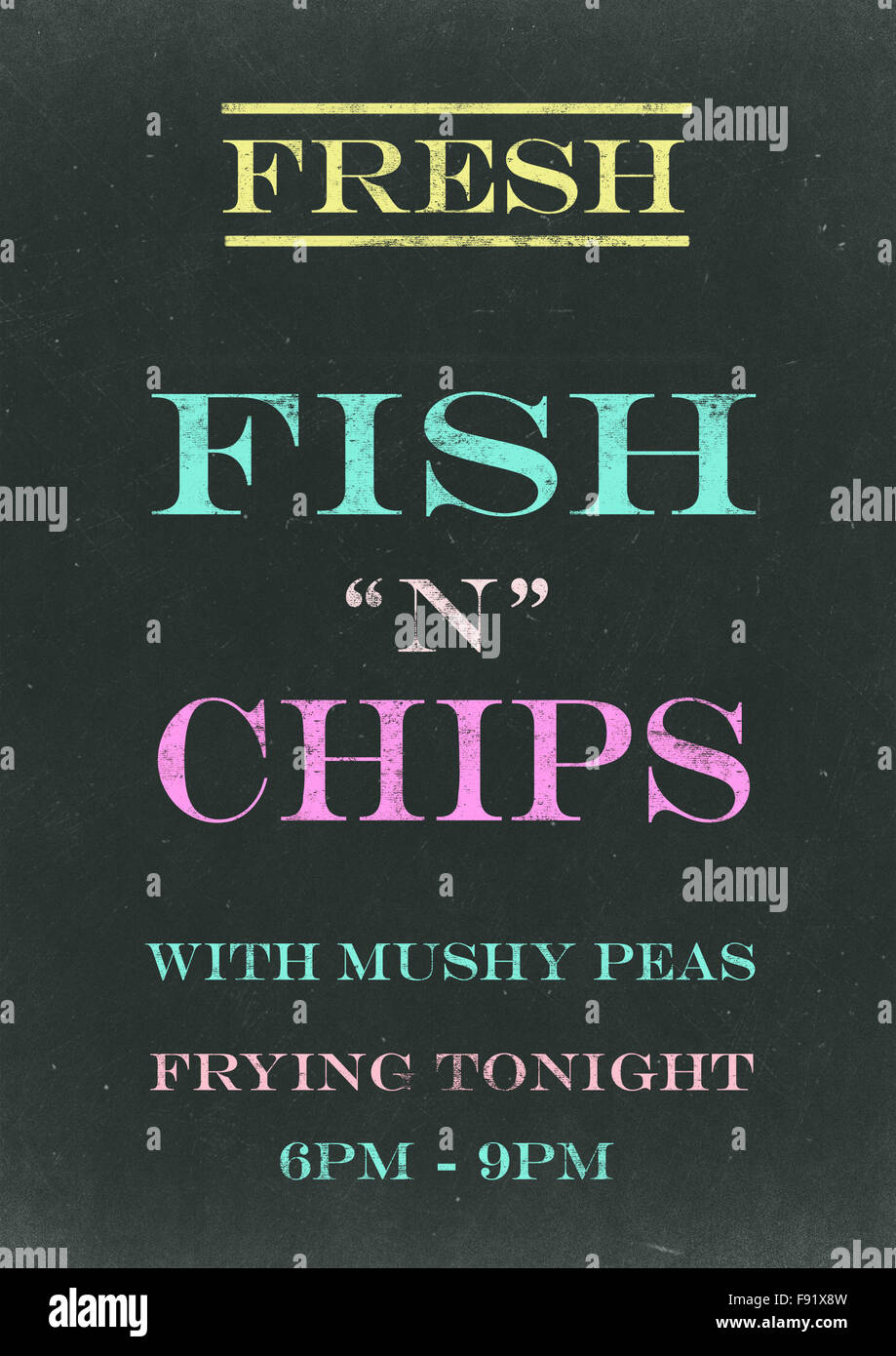 Pesci N chip sulla lavagna graffiato Foto Stock