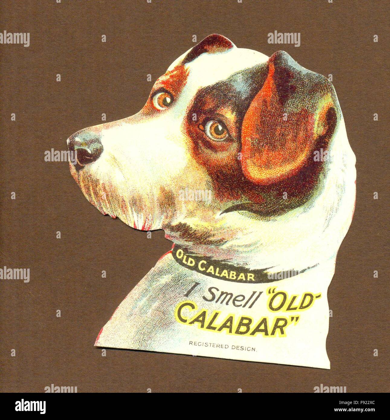 Chromolithographed die-cut advertisement for Old Calabar dog Biscuits circa 1895 Foto Stock