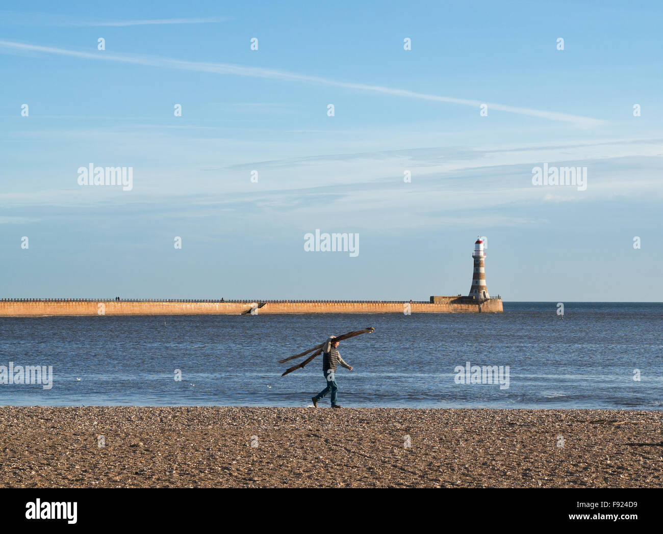 Uomo che porta driftwood lungo Roker beach con il North Pier e il faro dietro, Sunderland, England, Regno Unito Foto Stock