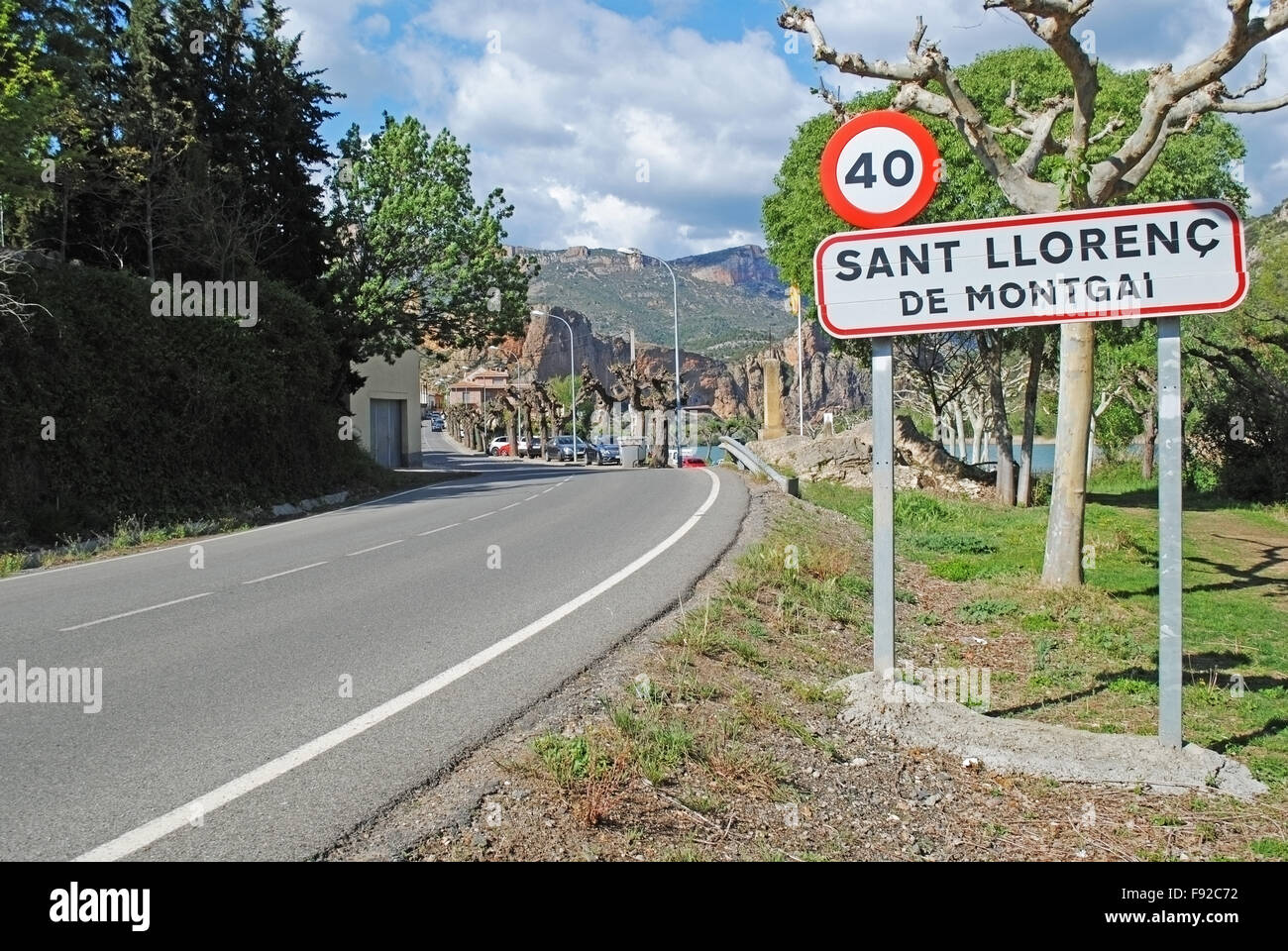 Sant Llorenç de Montgai village sign in Catalogna, Spagna. Foto Stock
