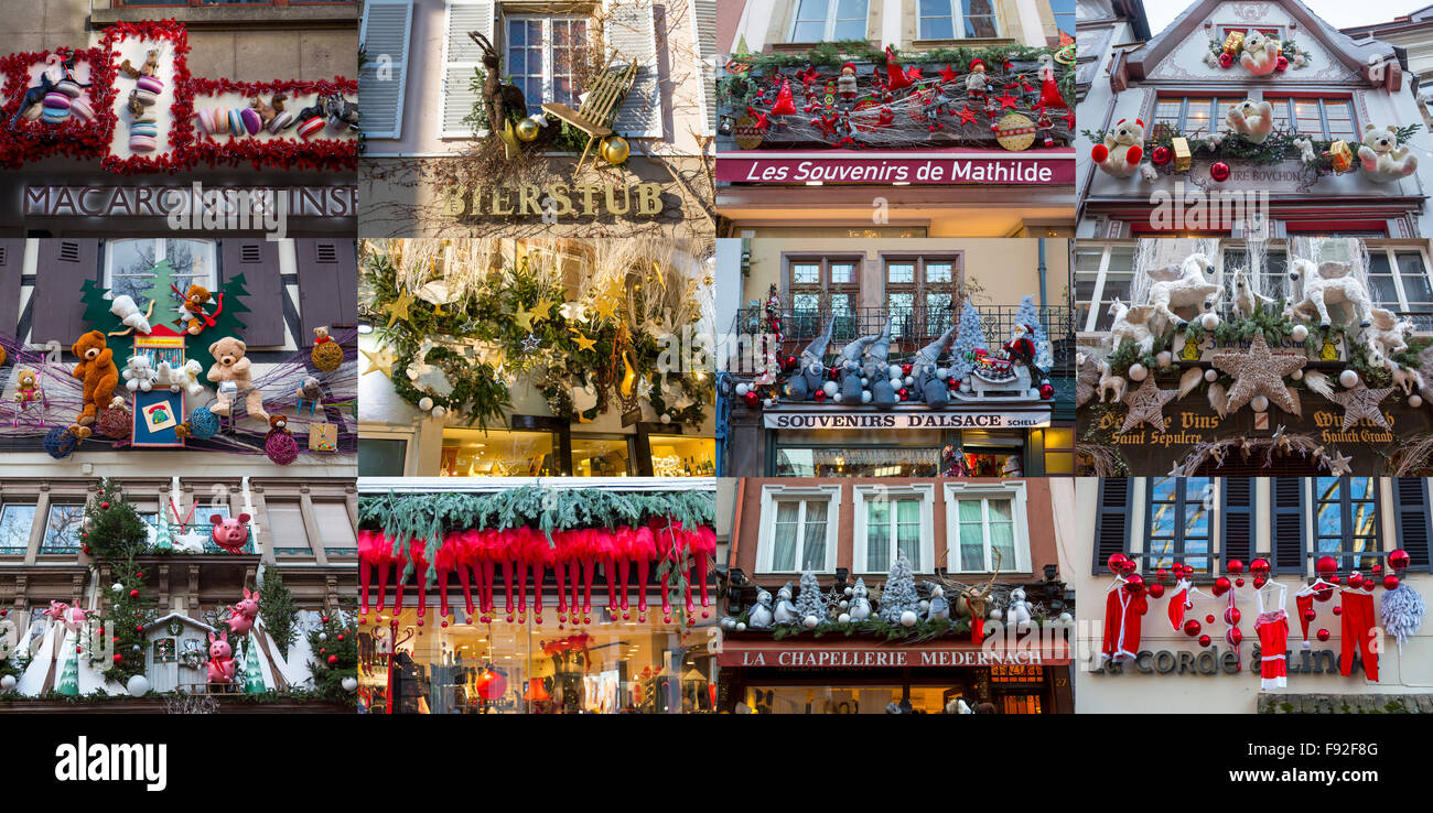 Tempo di Natale a Strasburgo, Alsazia, Francia, tipica decorazione di Natale di diverse case, negozi, windows, ristoranti Foto Stock