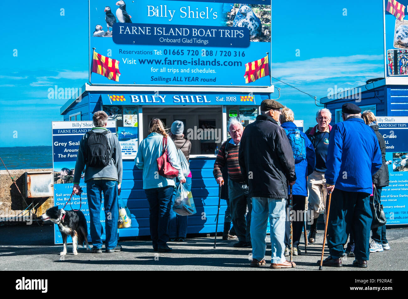 La gente in coda per acquistare un biglietto a bordo di una barca isole Farn Northumberland Ray Boswell Foto Stock