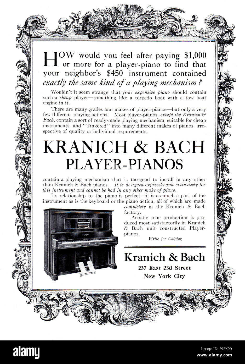 1913 Kranich & Bach Player piano pubblicitario dall International Studio Magazine Foto Stock