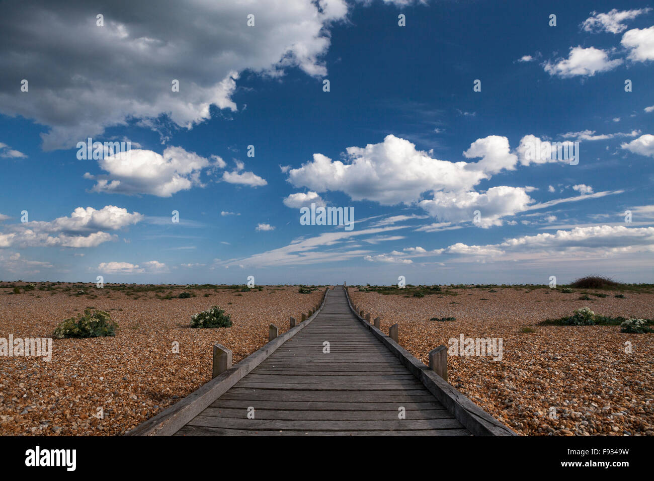 Passerella in legno che conduce attraverso la spiaggia di ciottoli di Dungeness, Kent, England, Regno Unito Foto Stock