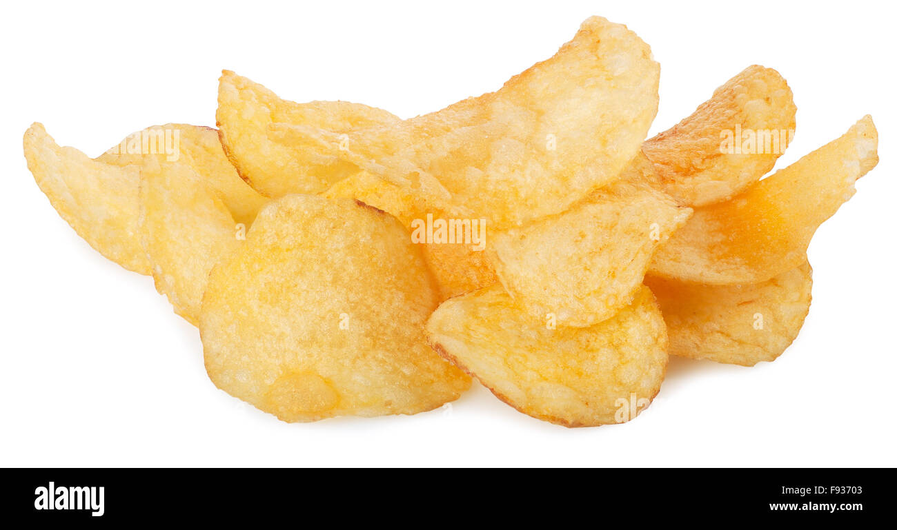 Mucchio di appetitosi potato chips isolati su sfondo bianco Foto Stock