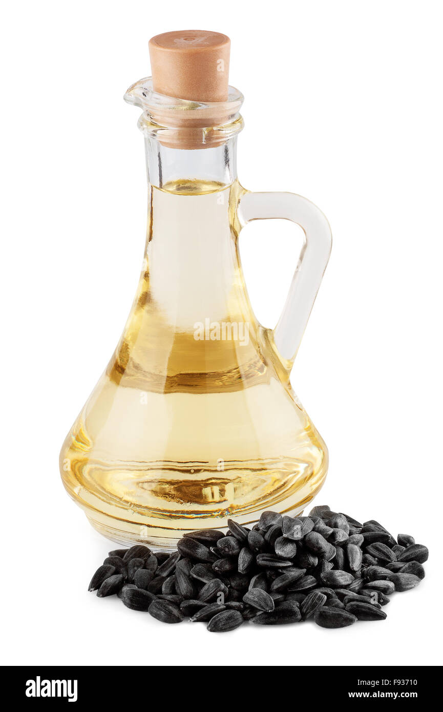 Olio di semi di girasole con semi isolato su sfondo bianco Foto Stock
