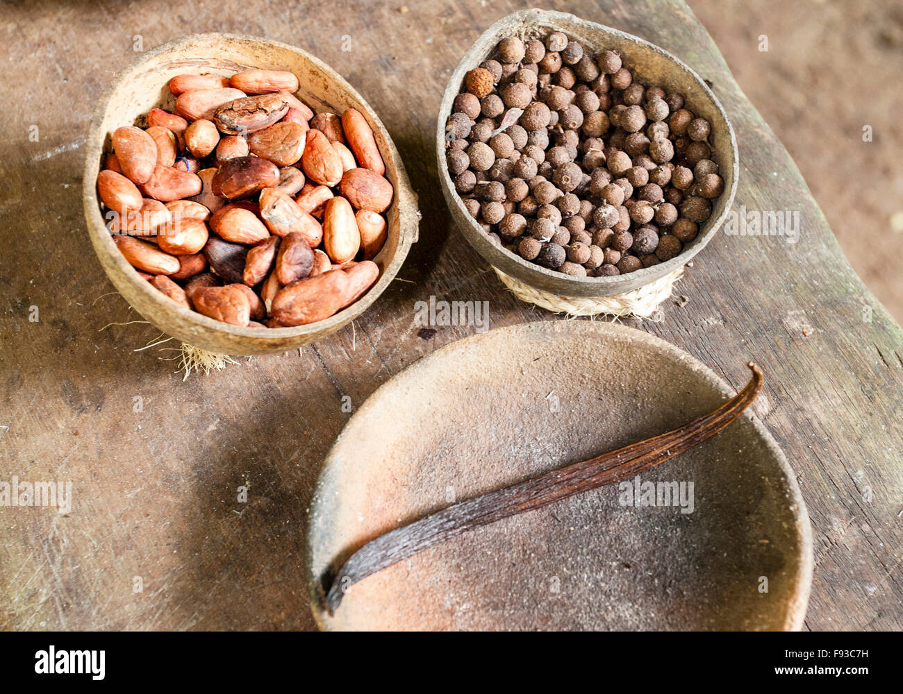 I tre ingredienti gli Aztechi usavano per rendere al cioccolato: le fave di cacao, pepe e vaniglia. Foto Stock