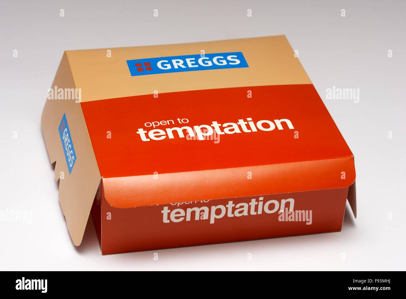 Greggs aperto alla tentazione cake box Foto Stock