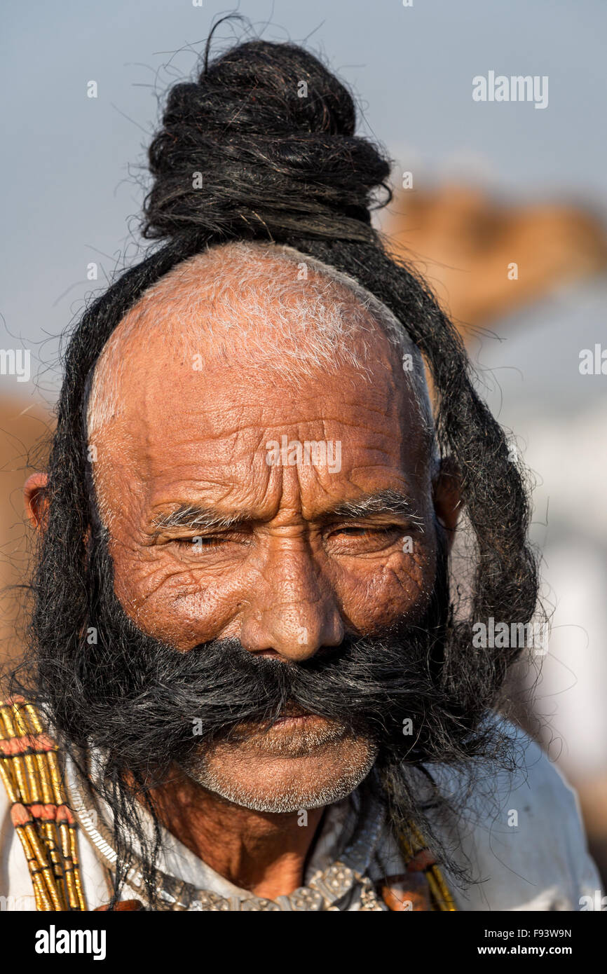 Ritratto di un senior del Rajasthan con una lunga barba, Pushkar, Rajasthan, India Foto Stock