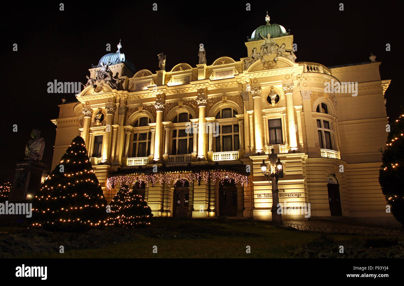 Juliusz Slowacki Theatre di notte, Cracovia in Polonia Foto Stock