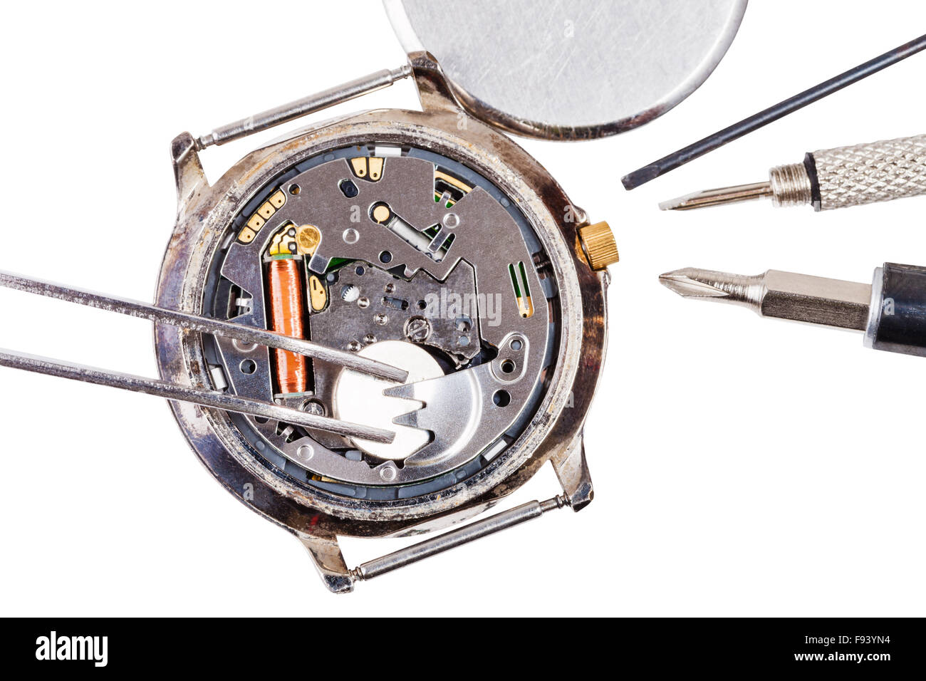 Riparazione di orologi - vista superiore di sostituzione batteria orologio  al quarzo isolati su sfondo bianco Foto stock - Alamy