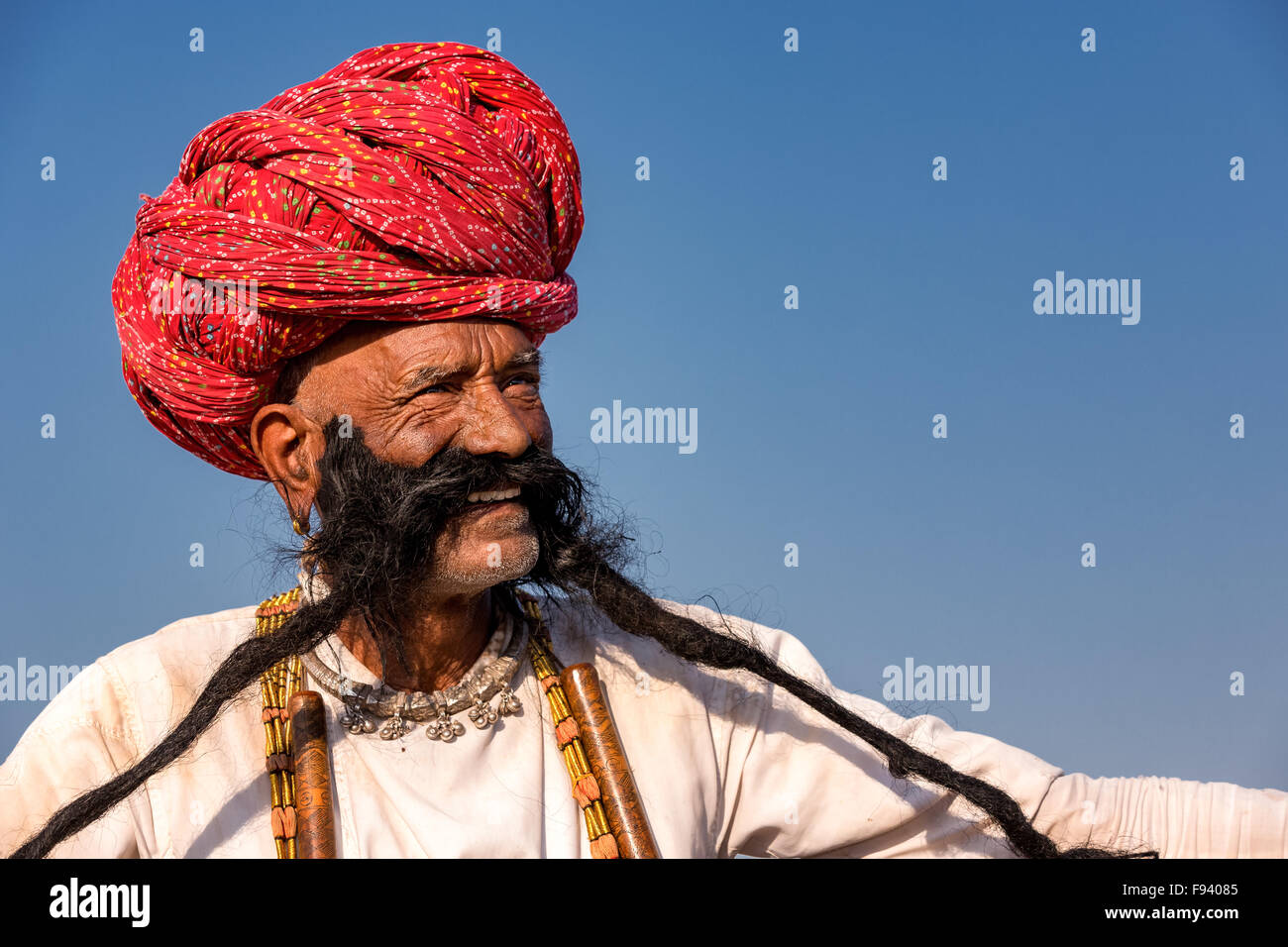 Ritratto di un uomo anziano da Rajasthan con barba lunga e turbante, Pushkar, Rajasthan, India Foto Stock
