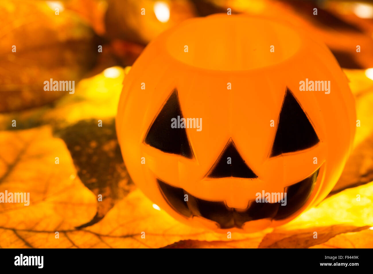 Zucca in plastica su foglie di autunno con la luce dal di sotto Foto Stock