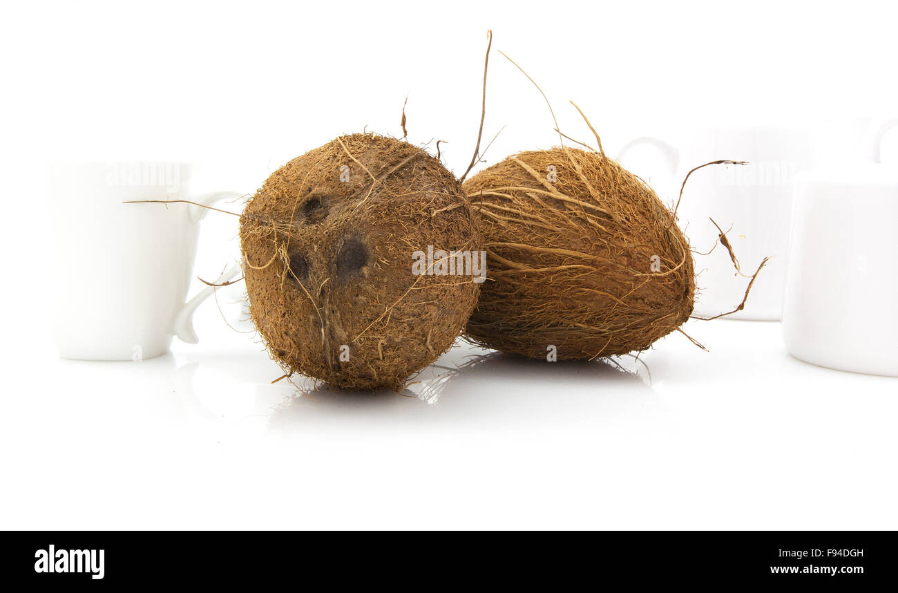 Noci di cocco su un moderno e bianco sullo sfondo di cucina Foto Stock
