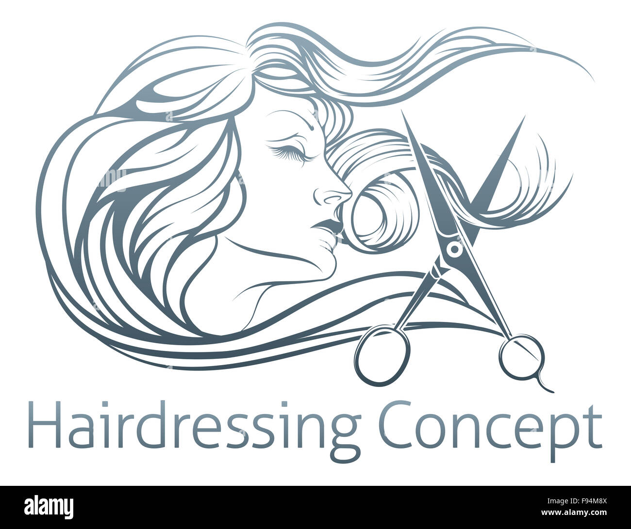 Una illustrazione di una bella donna con i capelli tagliati dal parrucchiere forbici. Foto Stock