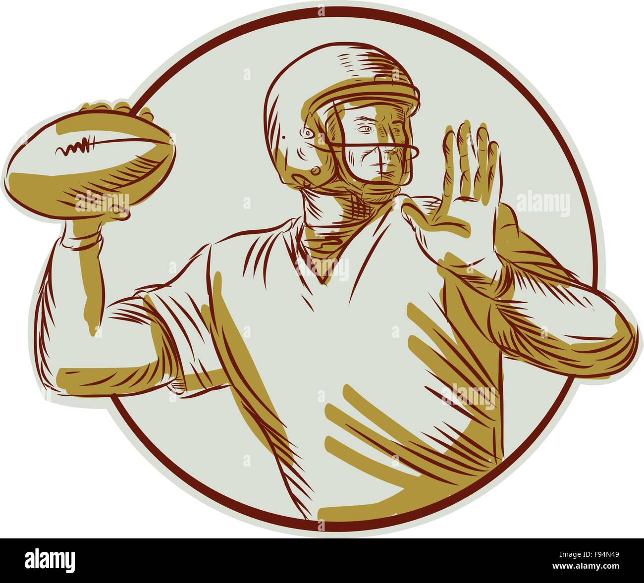 Incisione Incisione stile artigianale illustrazione di un american football gridiron quarterback qb gettando la sfera osservata dal lato impostato all'interno del cerchio su sfondo isolato. Illustrazione Vettoriale