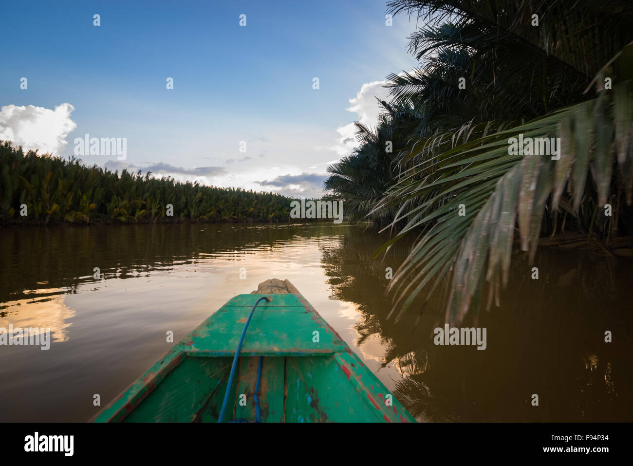 Barca di legno e palme di Nipa (frutticans di Nypa) sul fiume Sangatta nel Kutai orientale, Kalimantan orientale, Indonesia. Foto Stock