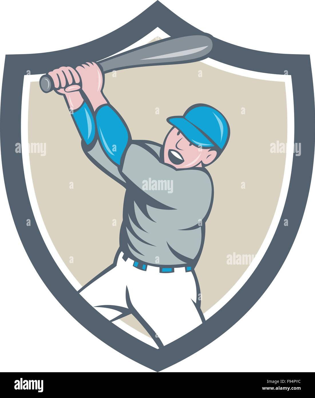 Illustrazione di un american giocatore di baseball azienda bat batting homer home run insieme all'interno della protezione cresta su sfondo isolato fatto in stile cartoon. Illustrazione Vettoriale