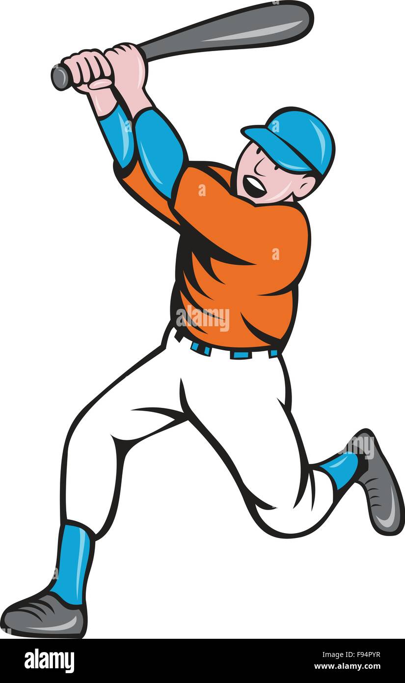 Illustrazione di un american giocatore di baseball azienda bat batting homer home run set isolato su sfondo bianco fatto in stile cartoon. Illustrazione Vettoriale