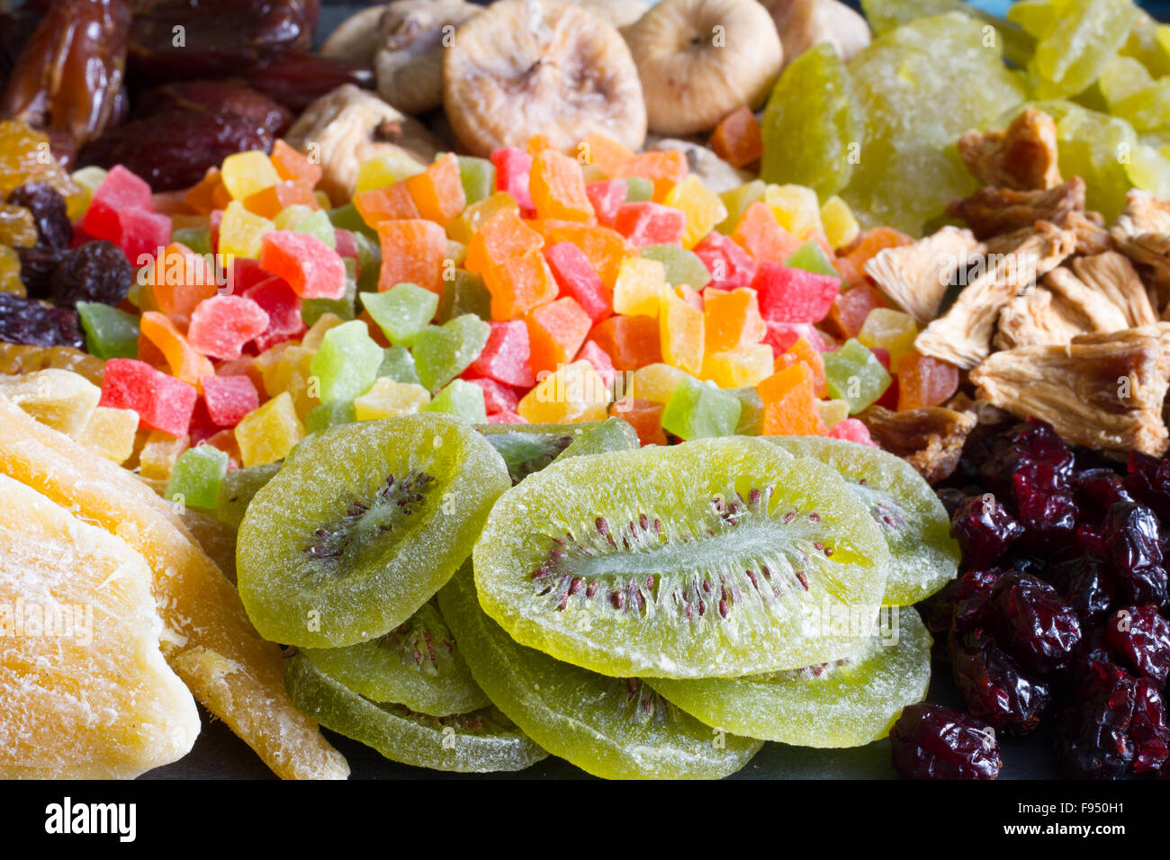 Frutta candita texture di sfondo miscelati assortimento closeup Foto Stock