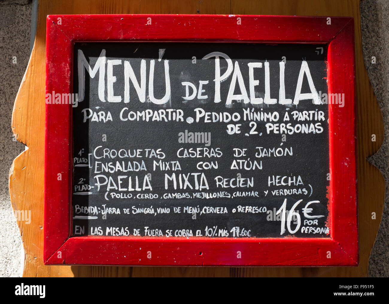 Il menu del ristorante de la paella Madrid Spagna Foto Stock