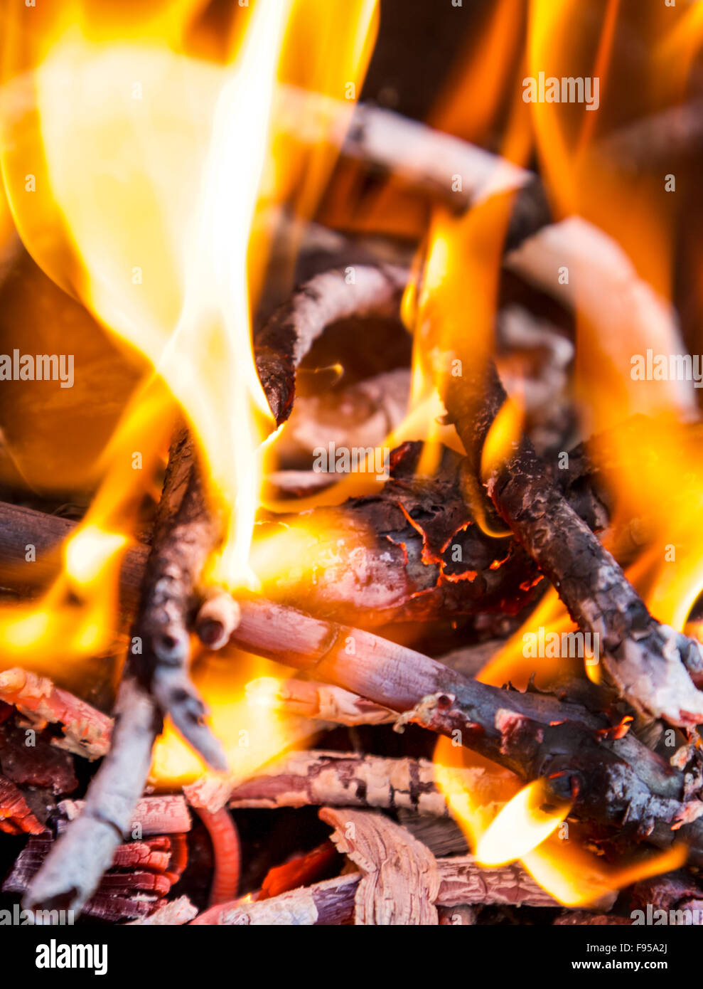 Il fuoco che brucia con tornitura in legno in cenere Foto Stock