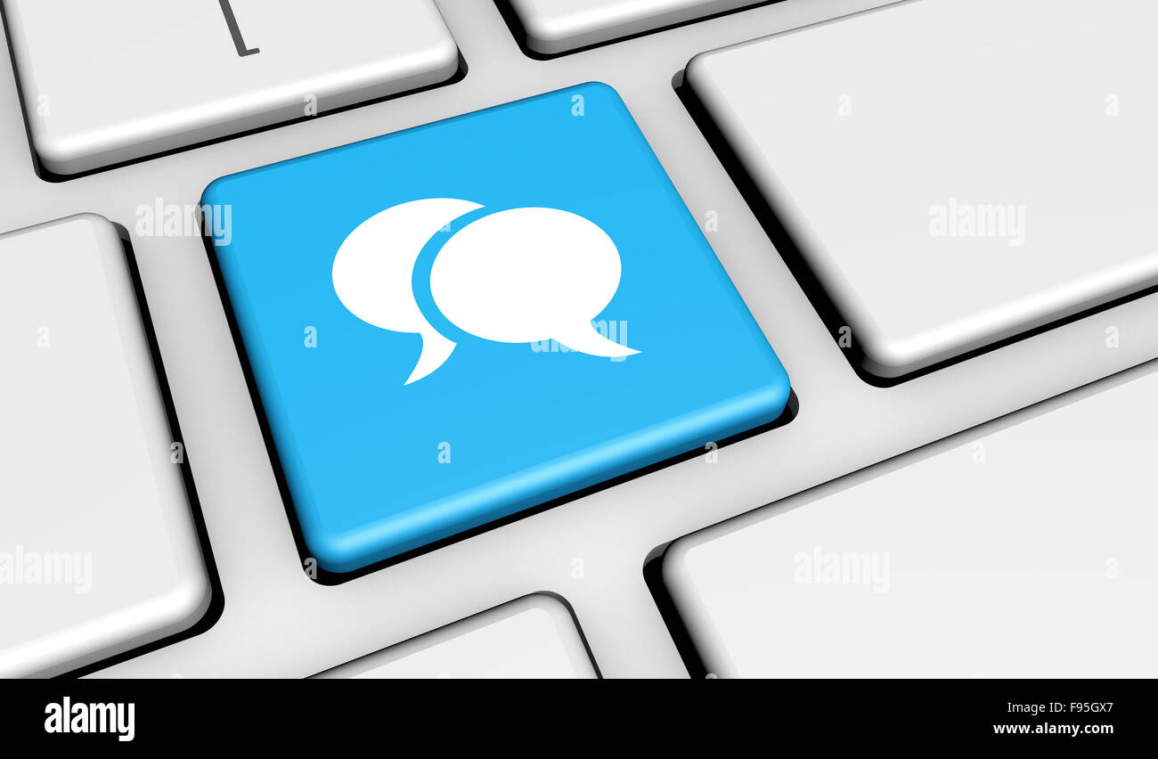 I social media e il concetto di rete con il discorso di cloud icona e simbolo su un tasto della tastiera del computer per sito e blog. Foto Stock