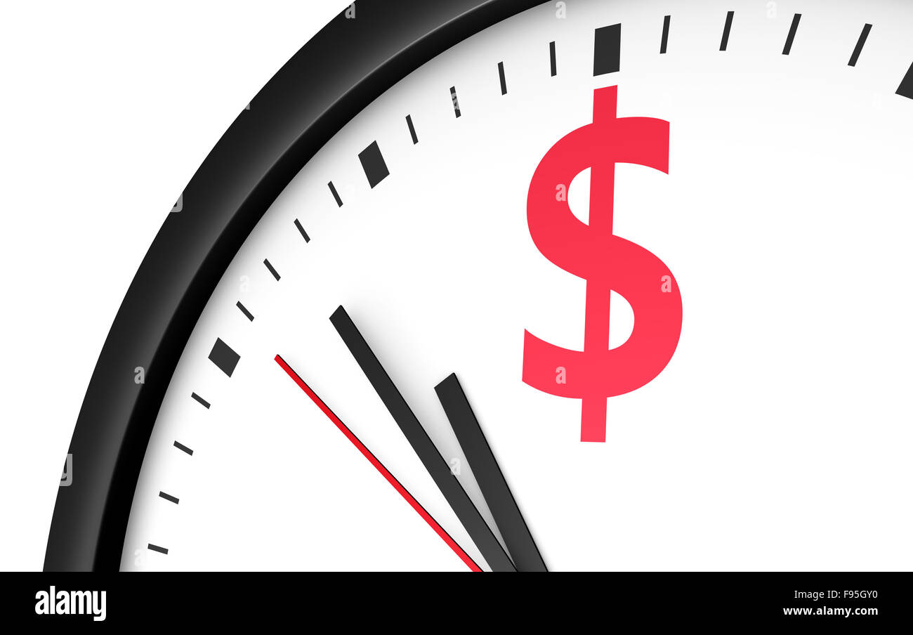Il tempo è denaro concetto con un close-up di dollari segno e icona stampata su un orologio. Foto Stock