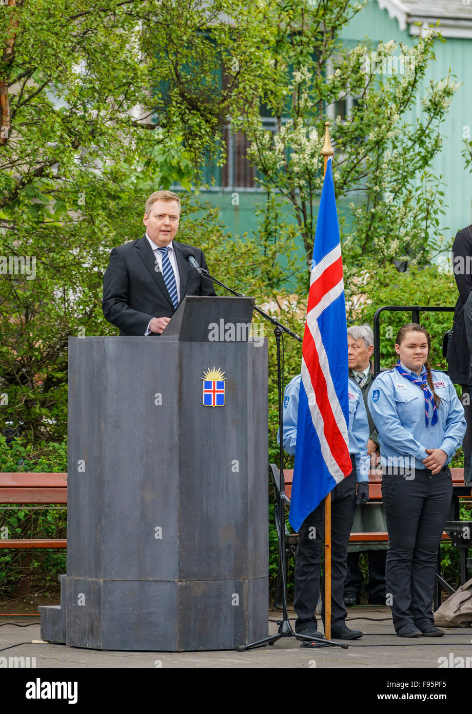 Sigmundur David Gunnlaugsson, Primo Ministro parlando a Islanda giorno dell Indipendenza, 17 giugno 2015, Reykjavik, Islanda. Foto Stock