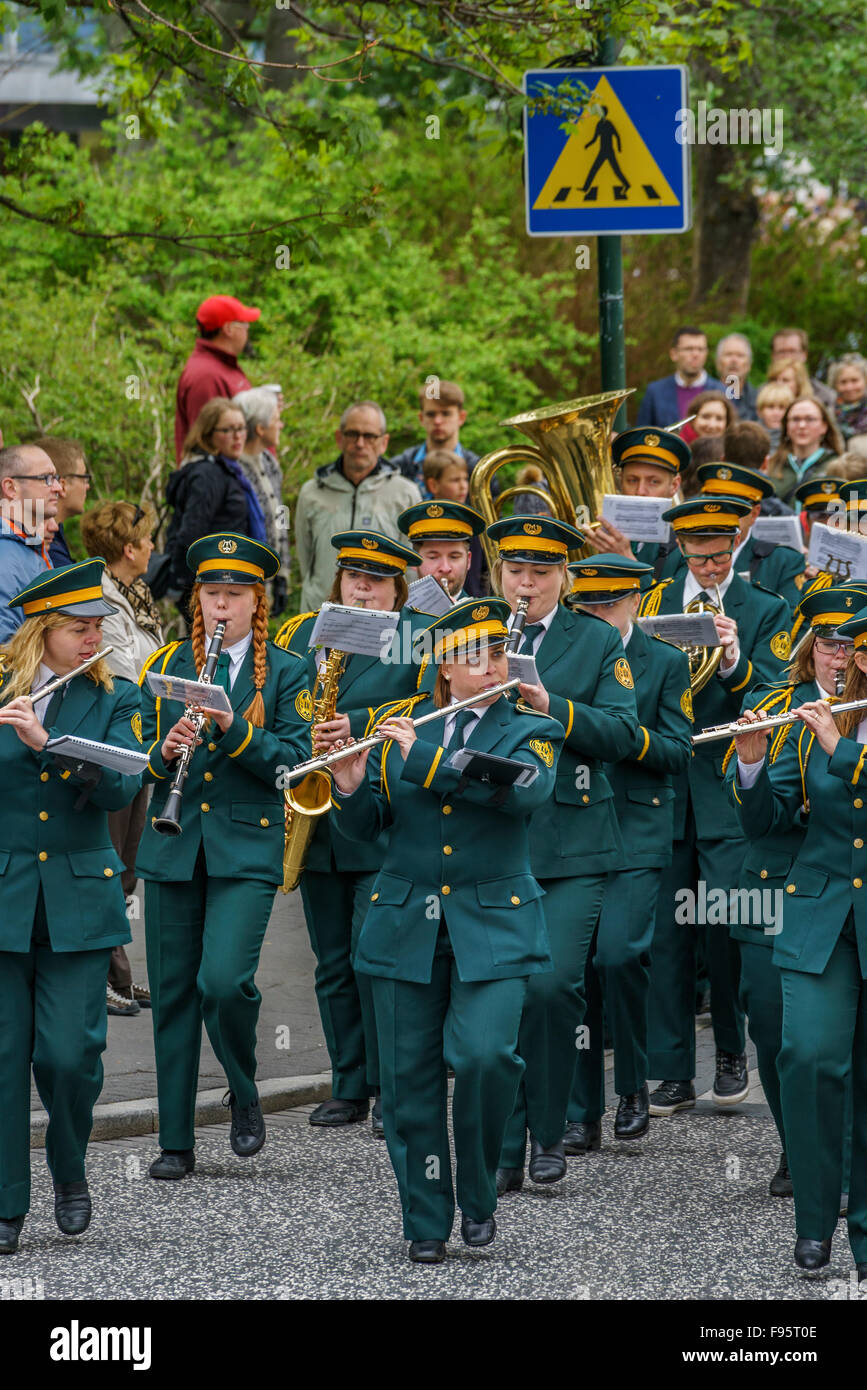 Marching Band di eseguire durante l'Islanda giorno dell indipendenza, Giugno 17th, Reykjavik, Islanda, 2015 Foto Stock