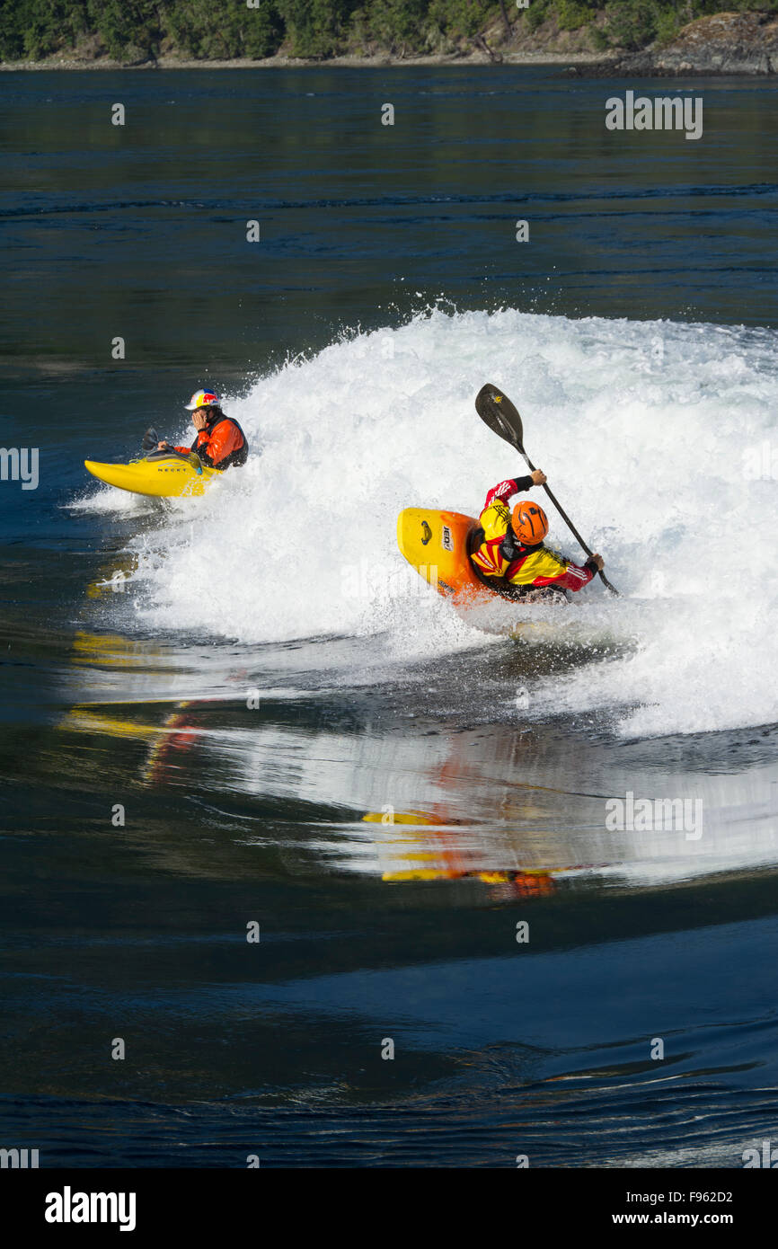 Whitewater kayakers su flood marea a Skookumchuck si restringe, Sechelt ingresso, Sunshine Coast, British Columbia, Canada Foto Stock