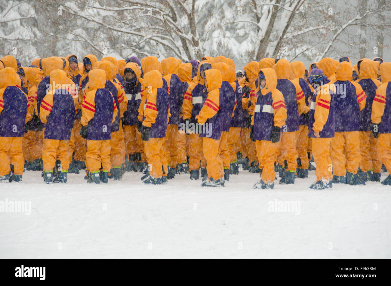 Un gruppo di scuola giapponese bambini riuniti ad una collina di sci a Niseko, Giappone dove prendere lezioni di sci Foto Stock