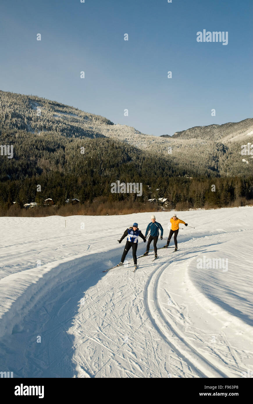 I fondisti Maria Lundgren, Morgan Beatty e Munro Duncan skate i sentieri al Lago Verde, parte del lago perduto Park Foto Stock
