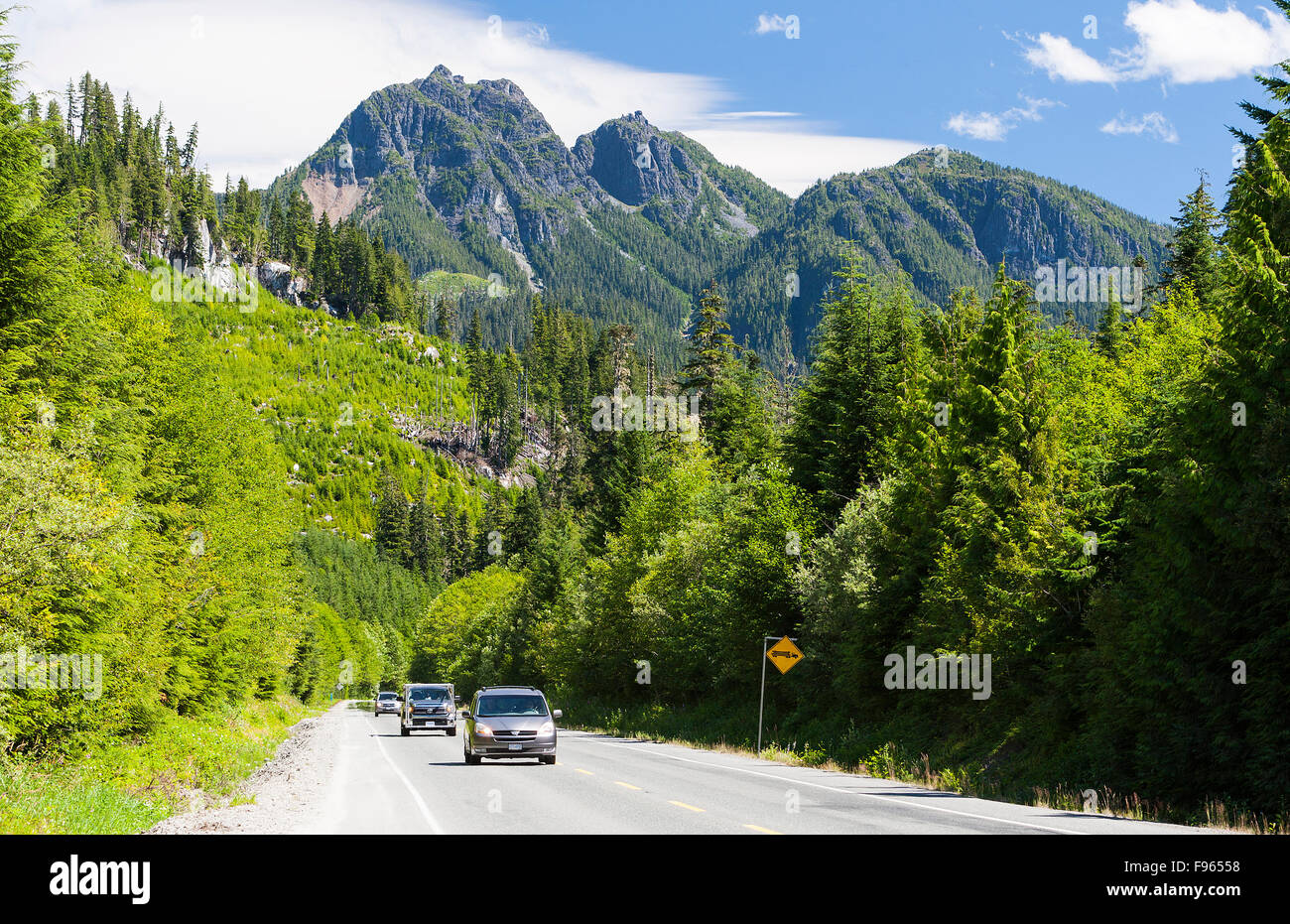 Autostrada scenic nella valle Nimpkish lungo la Highway 19, a nord del Lago Hoomak e a sud di Woss. Foto Stock
