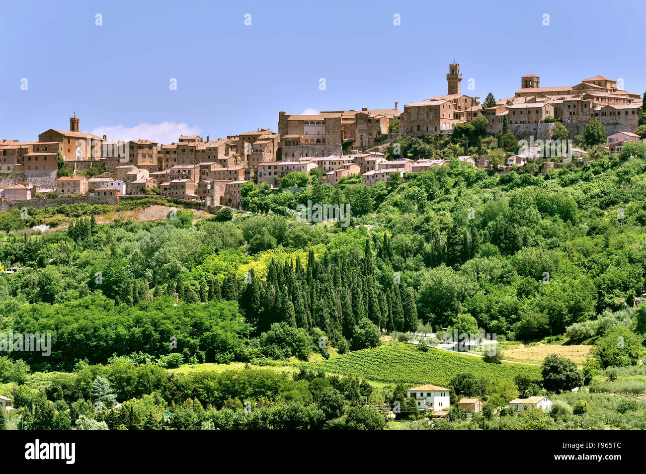 Montepulciano, cittadina rinascimentale della Toscana situata su una collina, la vista con il verde che lo circonda, Italia Foto Stock