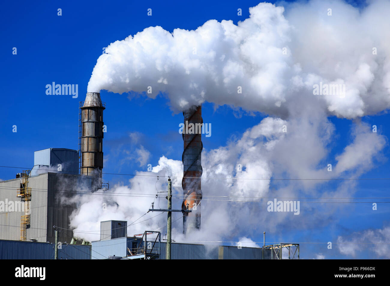 Inquinamento atmosferico da fumaioli presso un impianto di pasta di legno e carta, Terrazza Bay, Ontario, Canada Foto Stock