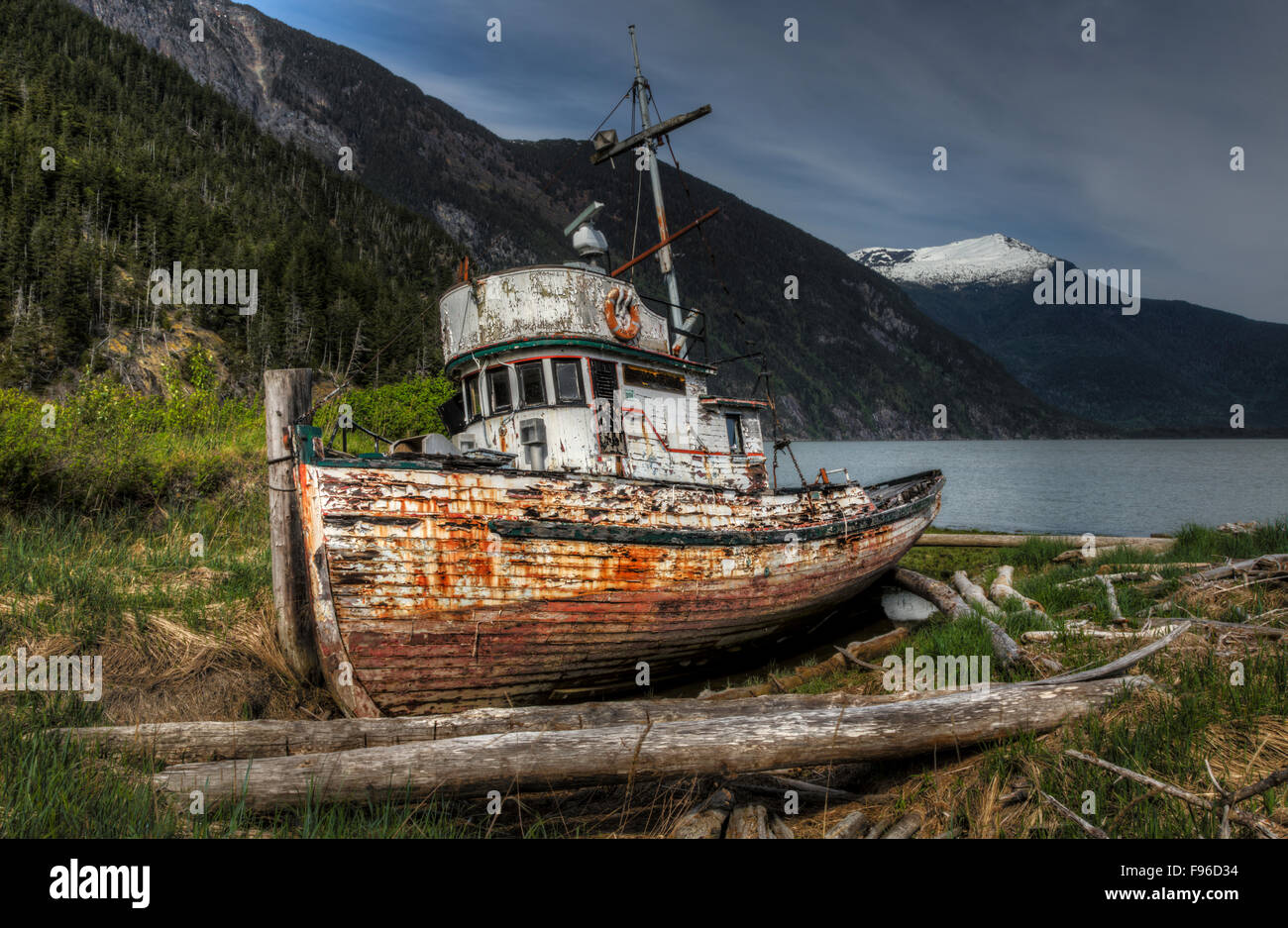 La British Columbia, Canada, Tallheo Cannery, Nord Bentinck braccio, Central Coast, barca da pesca, Foto Stock