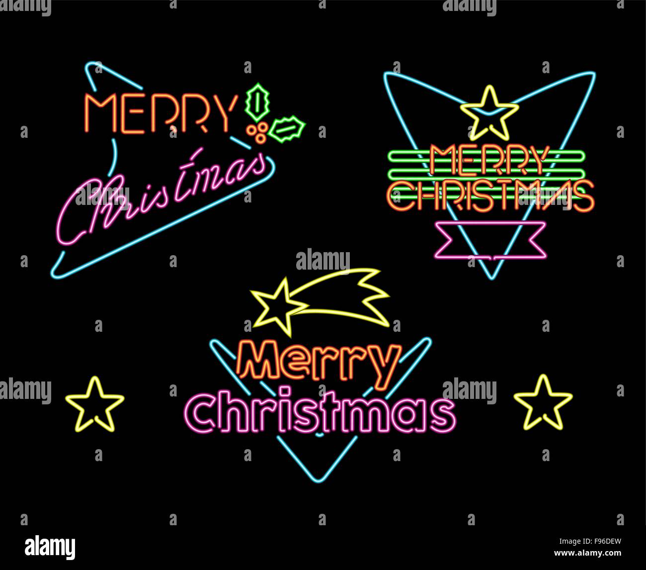 Buon Natale vintage luce al neon etichetta 50s impostato con testo e forme di natale. Ideale per progetti di vacanza. EPS10 vettore. Illustrazione Vettoriale