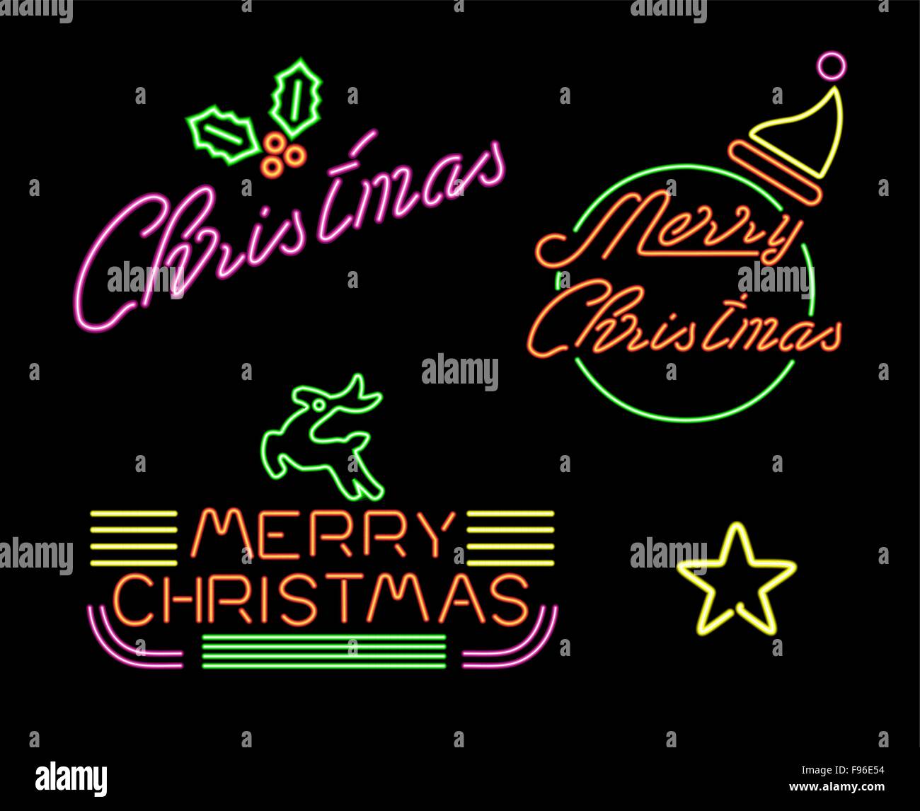 Buon Natale retrò set di etichette in una luce al neon stile, 50s 60s decorazione con Xmas testo ed elementi per le vacanze. Illustrazione Vettoriale