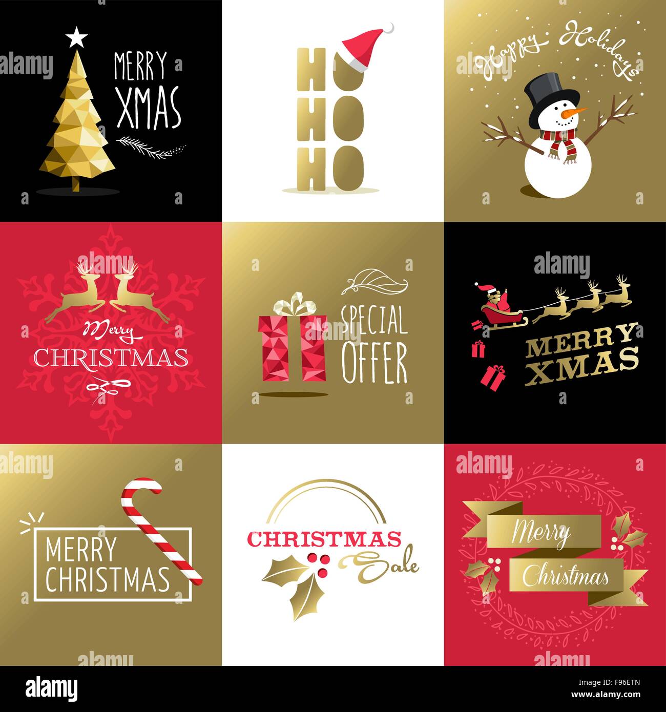 Buon Natale in stile retrò design set in colori oro, include il biglietto di auguri progetta, etichette, vendita illustrazioni e vacanze Illustrazione Vettoriale