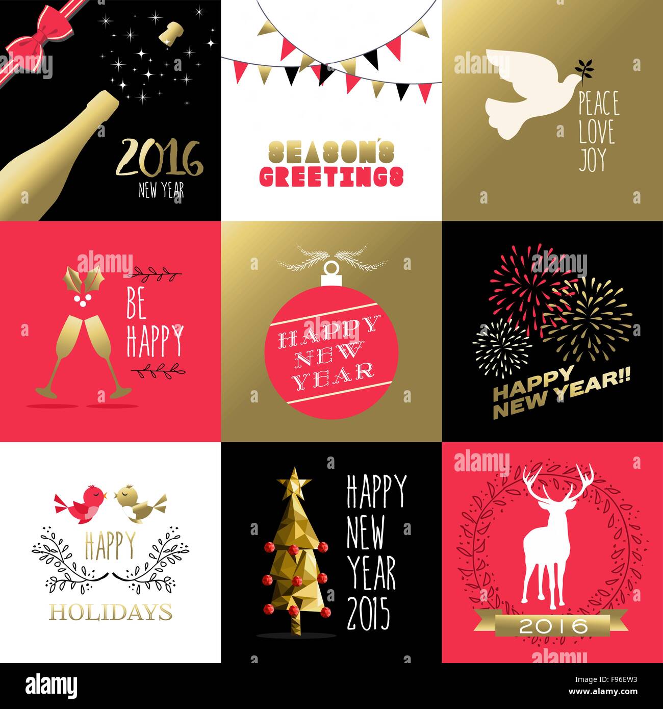 Felice Anno Nuovo 2016 set di banner retrò e le etichette con oro rosso. Include la decorazione di ornamento, vacanze elementi, Illustrazione Vettoriale