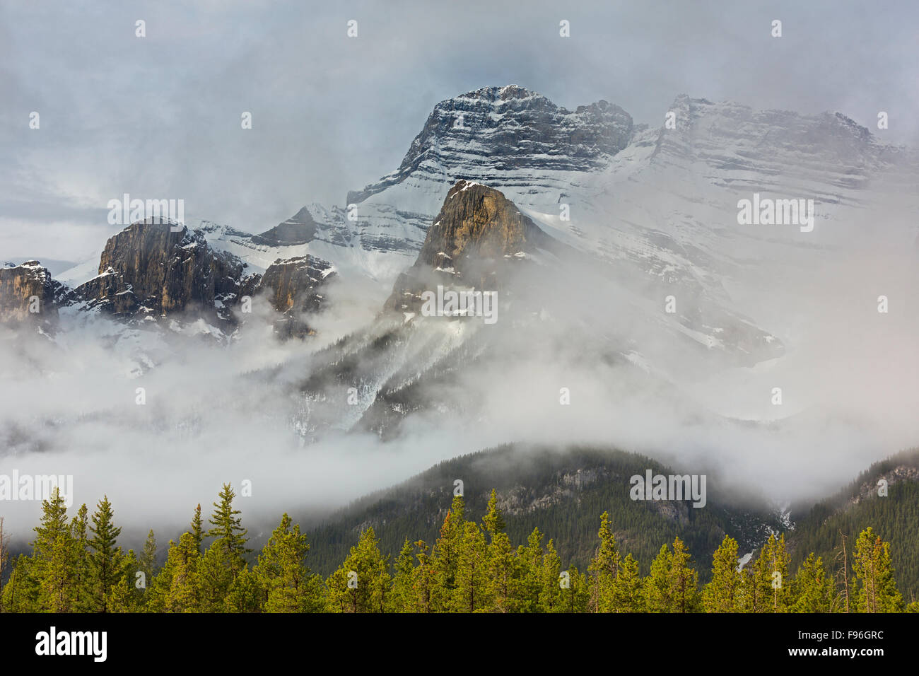 Coperta di neve e nebbia avvolta Mount Rundle montagne, il Parco Nazionale di Banff, Alberta, Canada Foto Stock